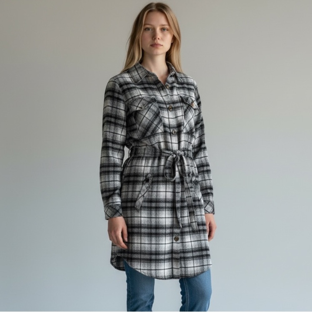 CiSono Plaid Button Front Tie Waist Shirt